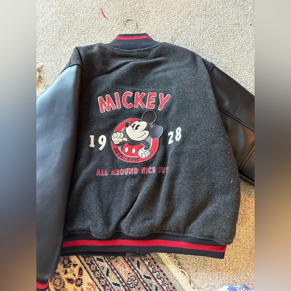 Vintage Men Disney  Mickey Mouse Embroidered Varsity Blk Wool Leather Jacket S - Picture 3 of 14